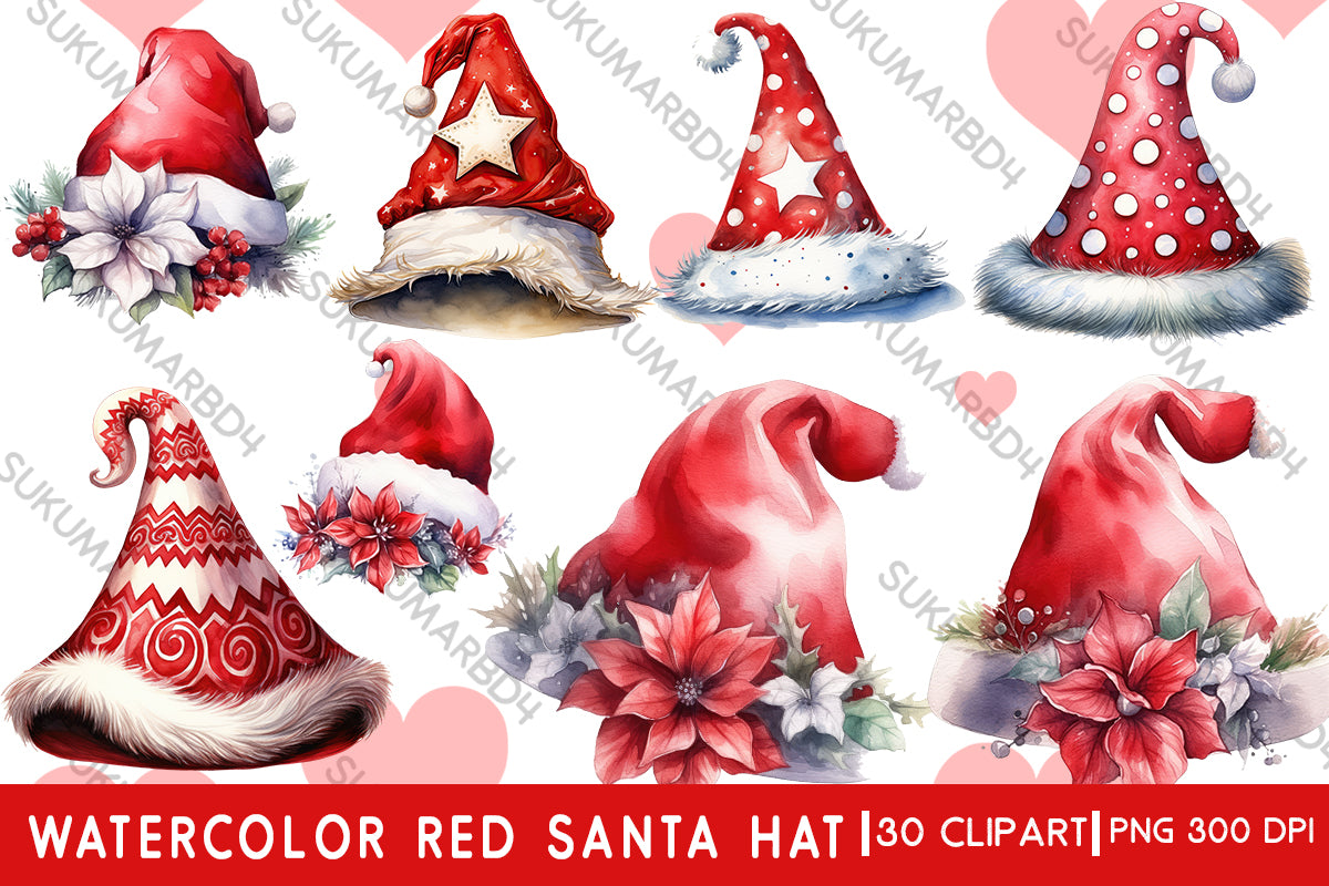 Watercolor red Santa hat clipart