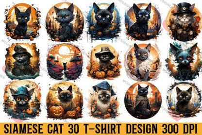 Halloween Siamese Cat T-shirt Design Bundle