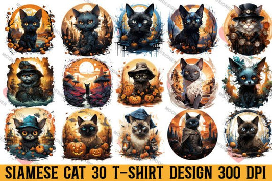 Halloween Siamese Cat T-shirt Design Bundle