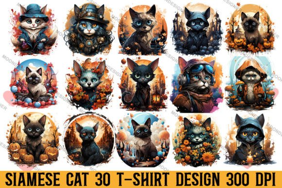 Halloween Siamese Cat T-shirt Design Bundle