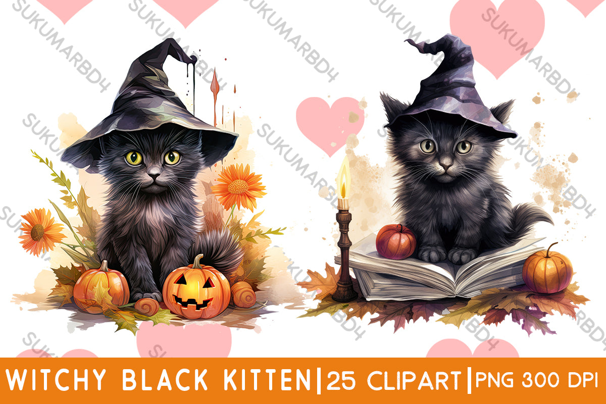 Halloween scared witchy black kitten clipart