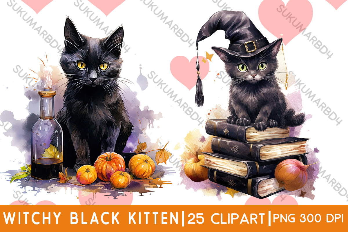 Halloween scared witchy black kitten clipart