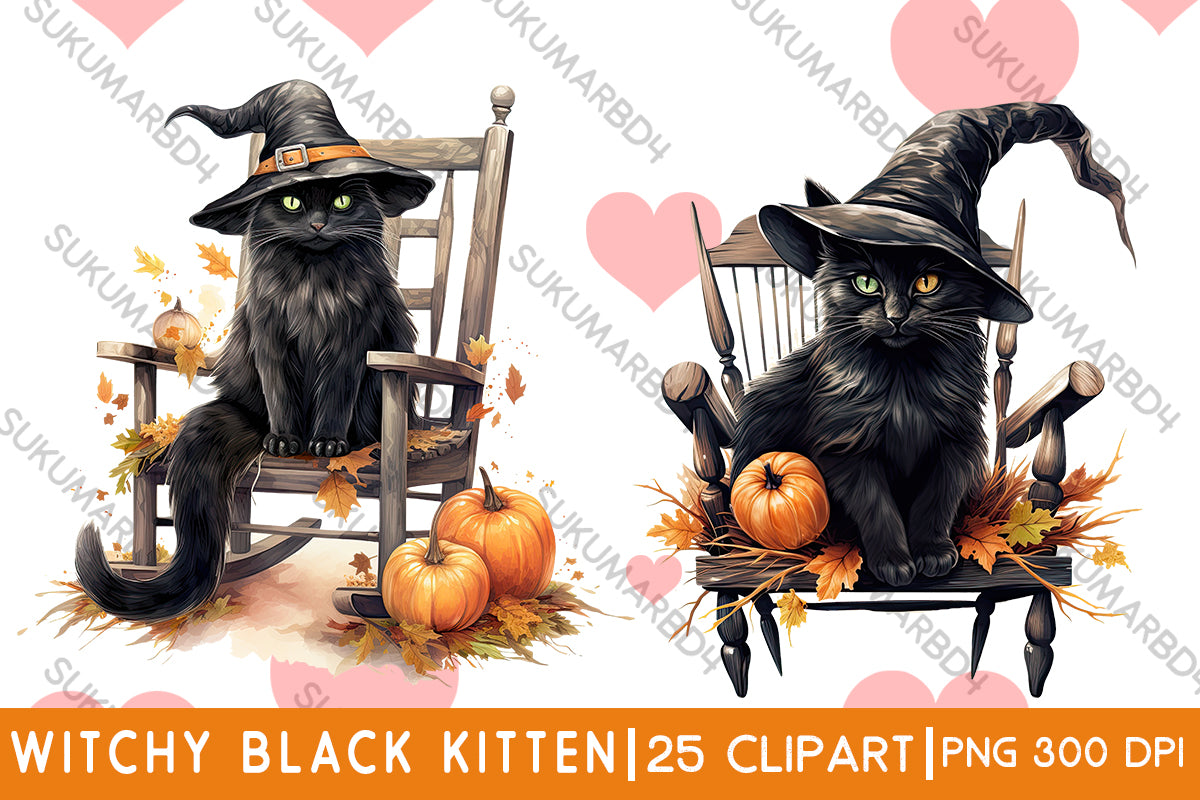 Halloween scared witchy black kitten clipart