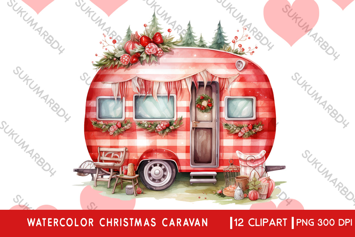 Watercolor Christmas caravan clipart