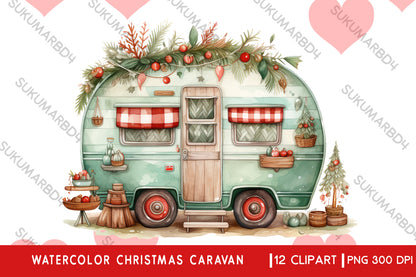 Watercolor Christmas caravan clipart