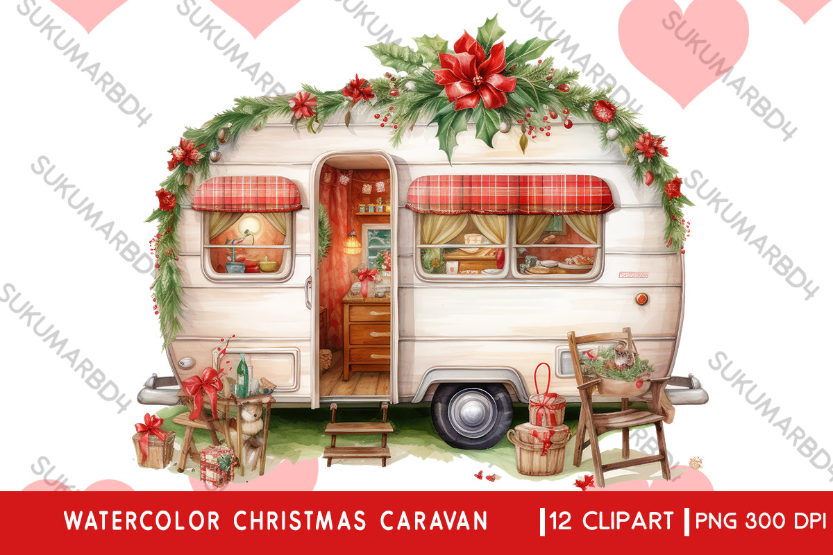 Watercolor Christmas caravan clipart