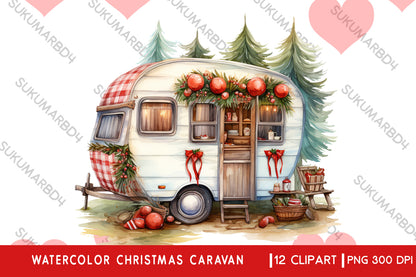 Watercolor Christmas caravan clipart