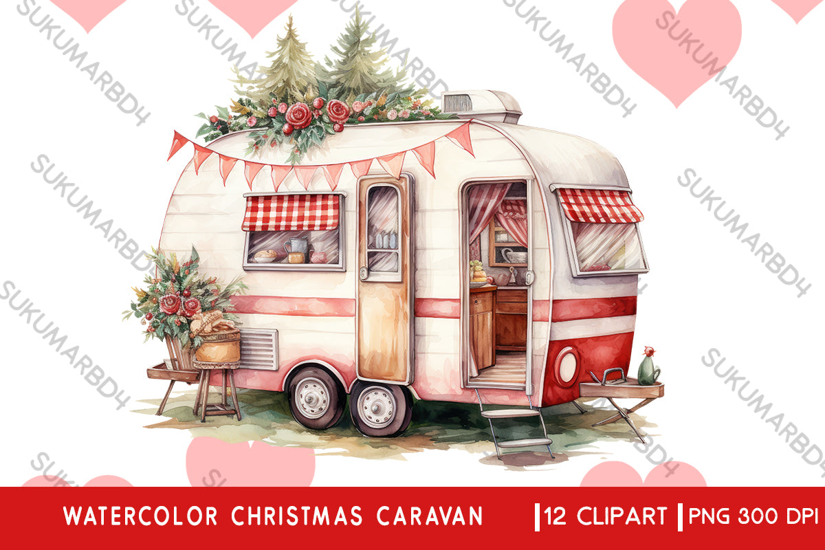 Watercolor Christmas caravan clipart