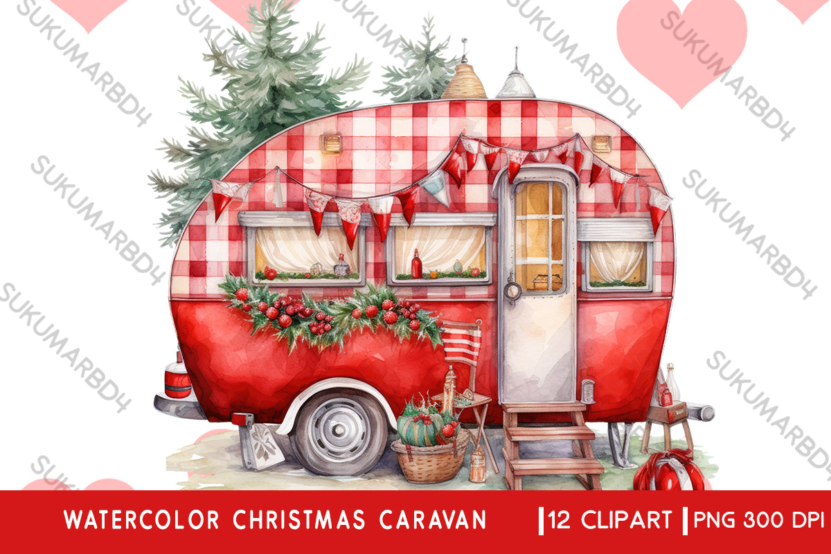 Watercolor Christmas caravan clipart