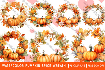 Watercolor Pumpkin spice wreath clipart