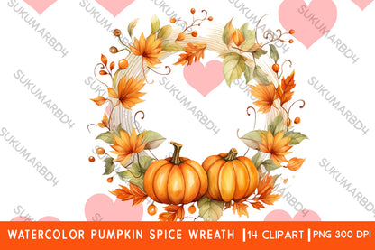 Watercolor Pumpkin spice wreath clipart