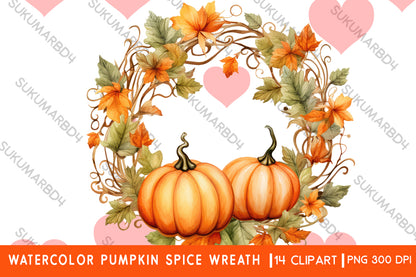 Watercolor Pumpkin spice wreath clipart