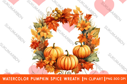 Watercolor Pumpkin spice wreath clipart