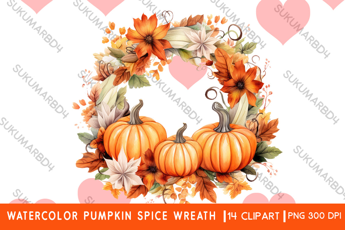 Watercolor Pumpkin spice wreath clipart