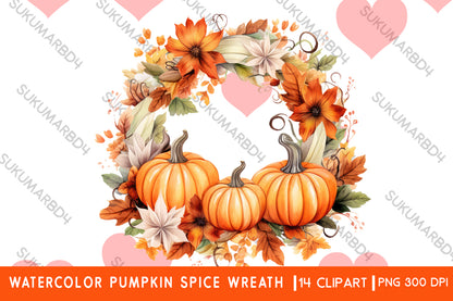 Watercolor Pumpkin spice wreath clipart