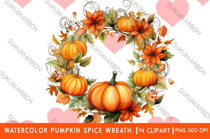 Watercolor Pumpkin spice wreath clipart