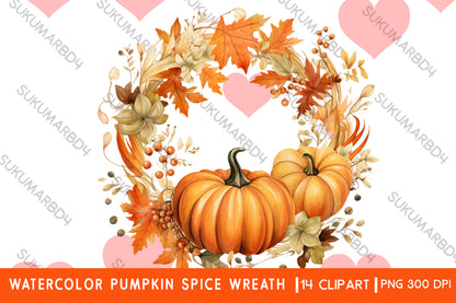 Watercolor Pumpkin spice wreath clipart