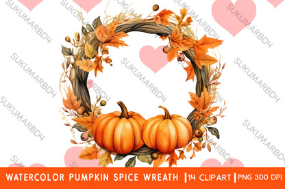 Watercolor Pumpkin spice wreath clipart