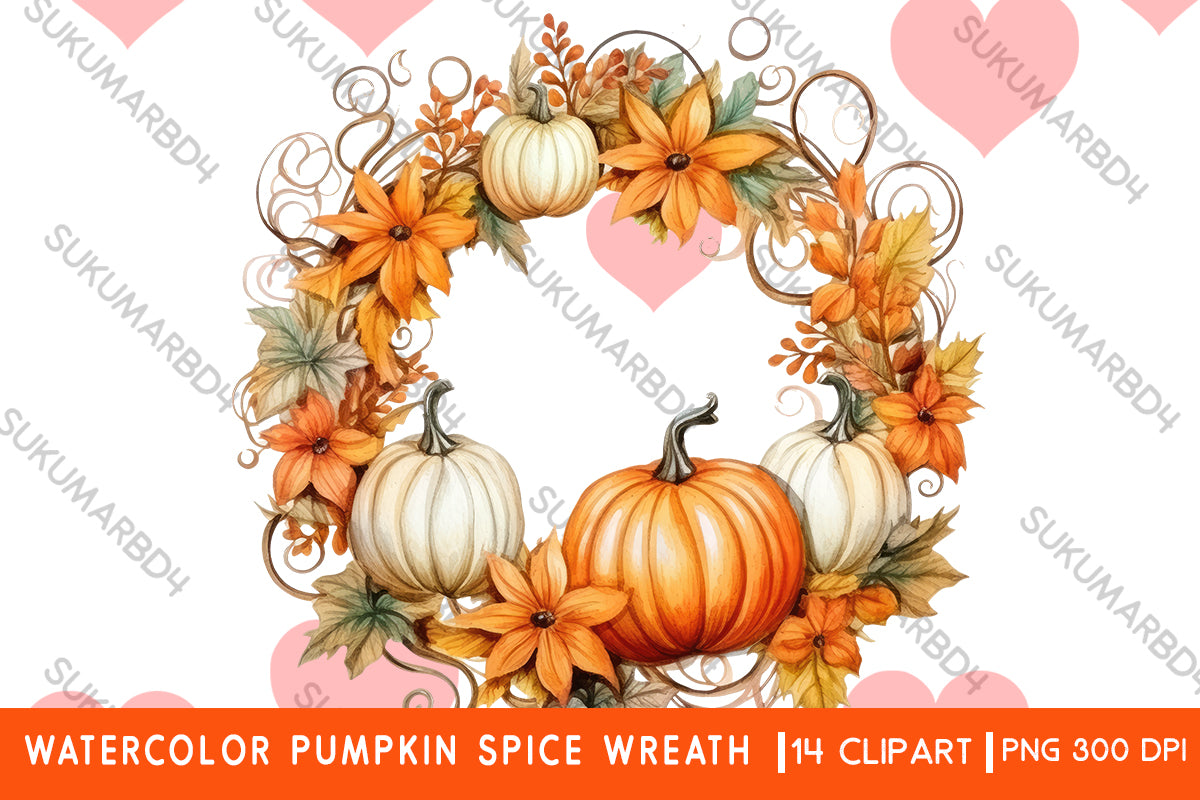 Watercolor Pumpkin spice wreath clipart