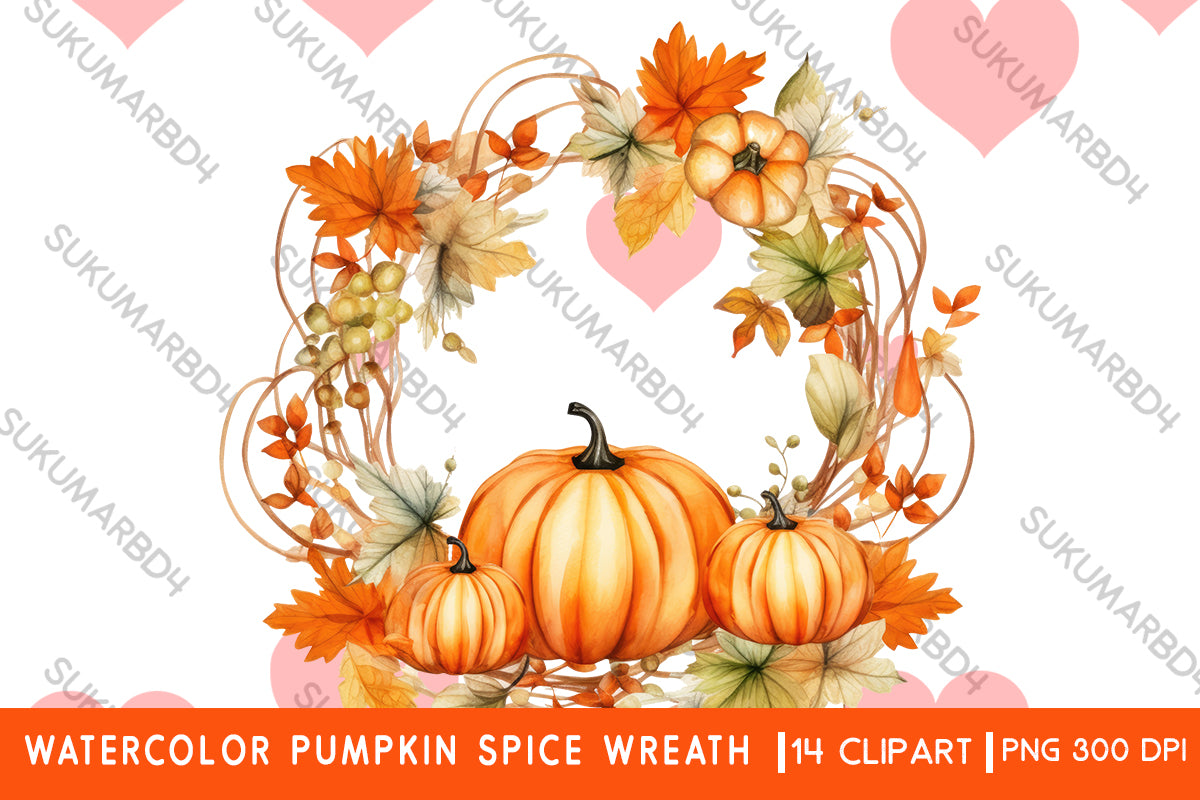 Watercolor Pumpkin spice wreath clipart