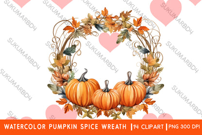 Watercolor Pumpkin spice wreath clipart