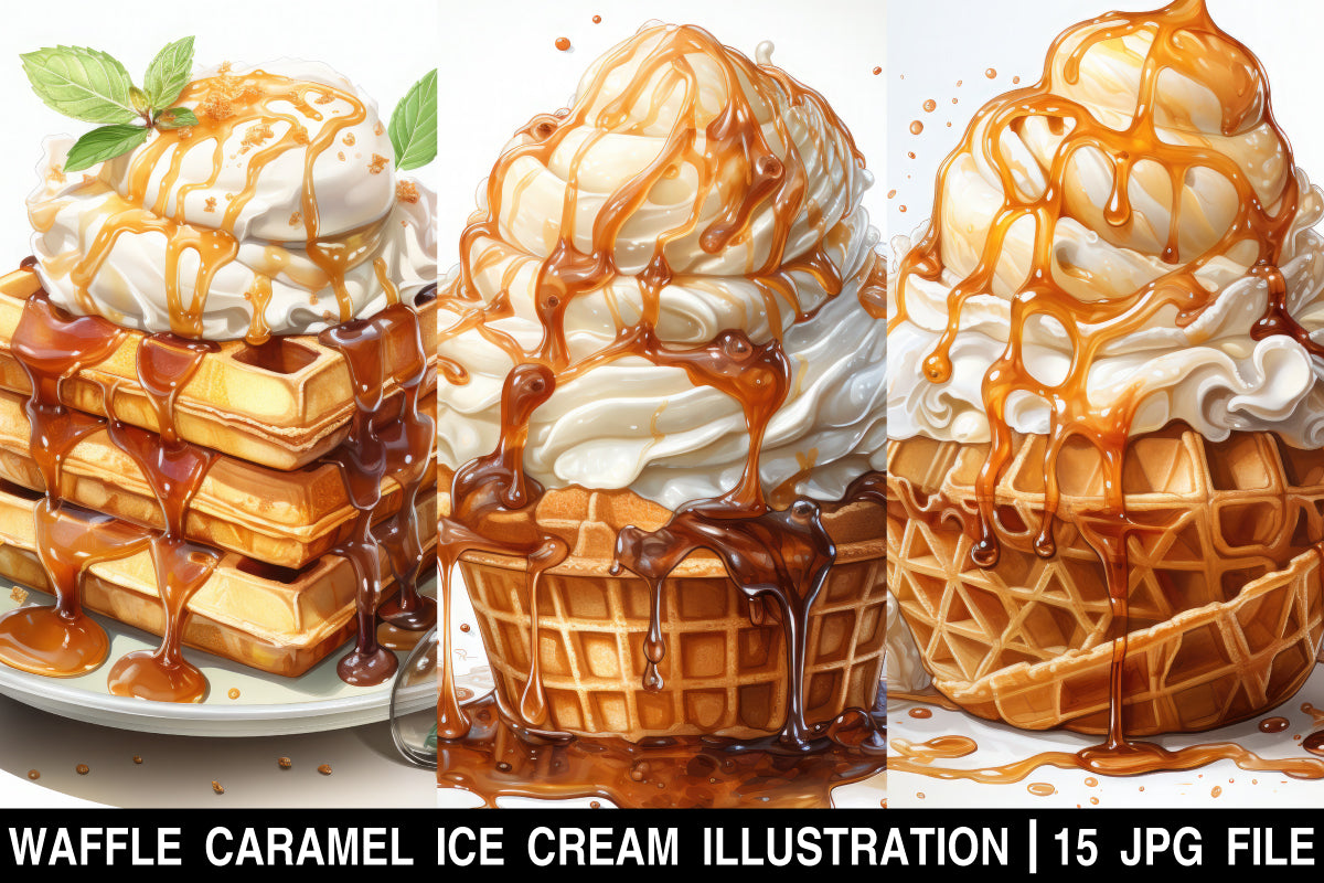 watercolor Waffle caramel ice cream clipart