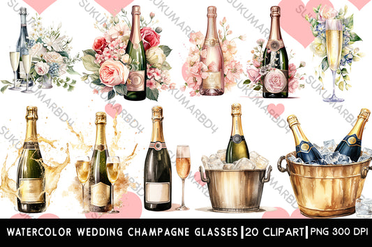 Watercolor Wedding champagne glasses with bottle clipart