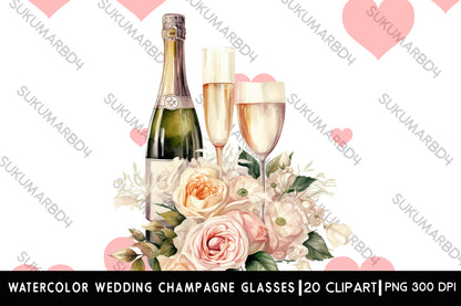 Watercolor Wedding champagne glasses with bottle clipart