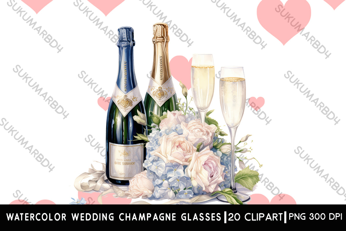 Watercolor Wedding champagne glasses with bottle clipart