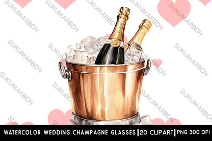 Watercolor Wedding champagne glasses with bottle clipart