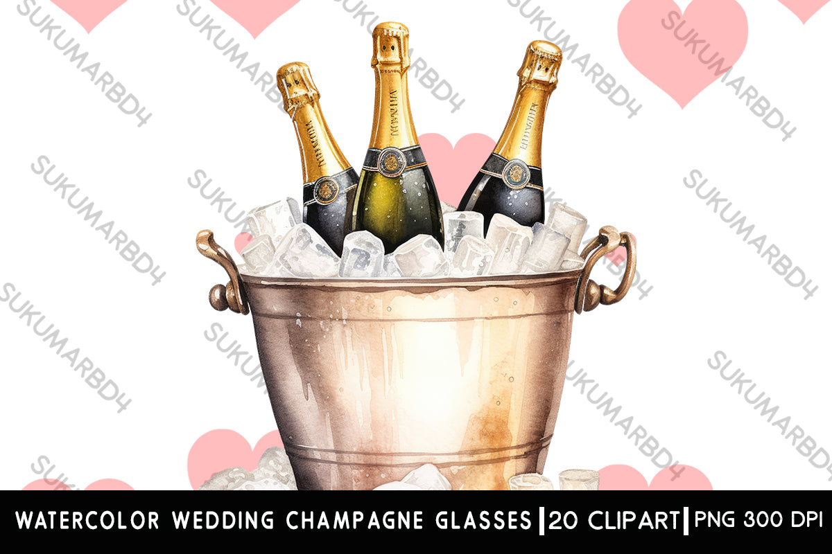 Watercolor Wedding champagne glasses with bottle clipart