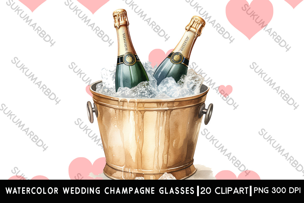 Watercolor Wedding champagne glasses with bottle clipart