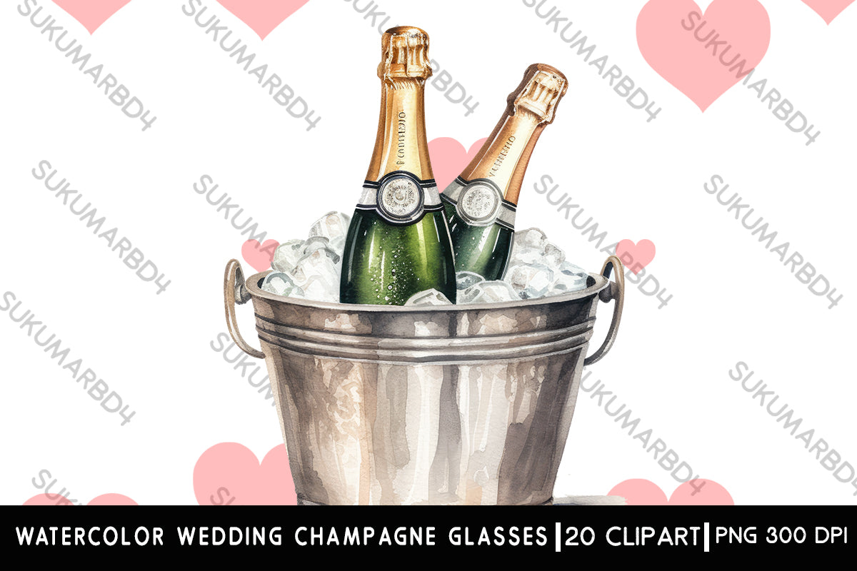 Watercolor Wedding champagne glasses with bottle clipart