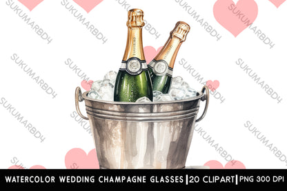 Watercolor Wedding champagne glasses with bottle clipart