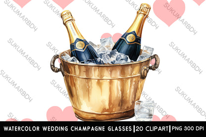 Watercolor Wedding champagne glasses with bottle clipart