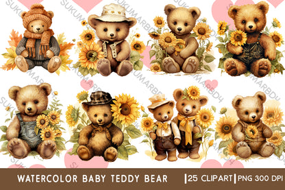 Watercolor baby teddy bear clipart