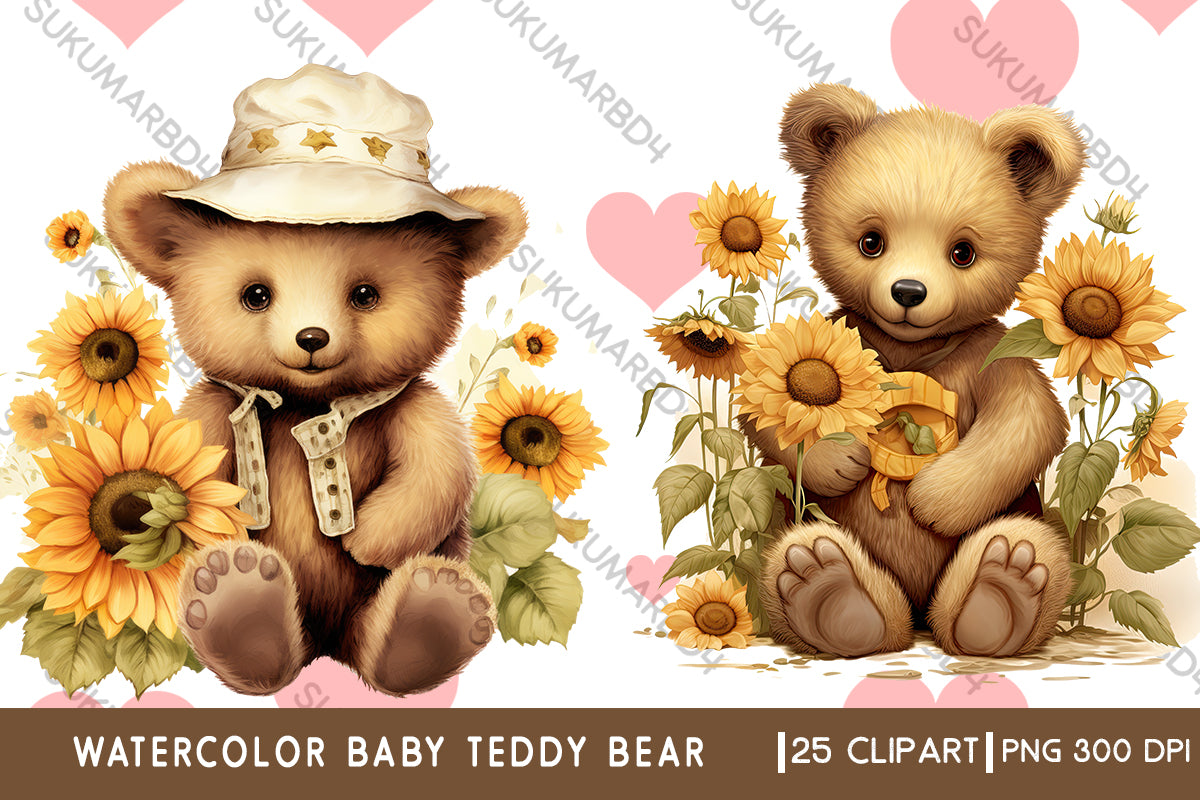 Watercolor baby teddy bear clipart