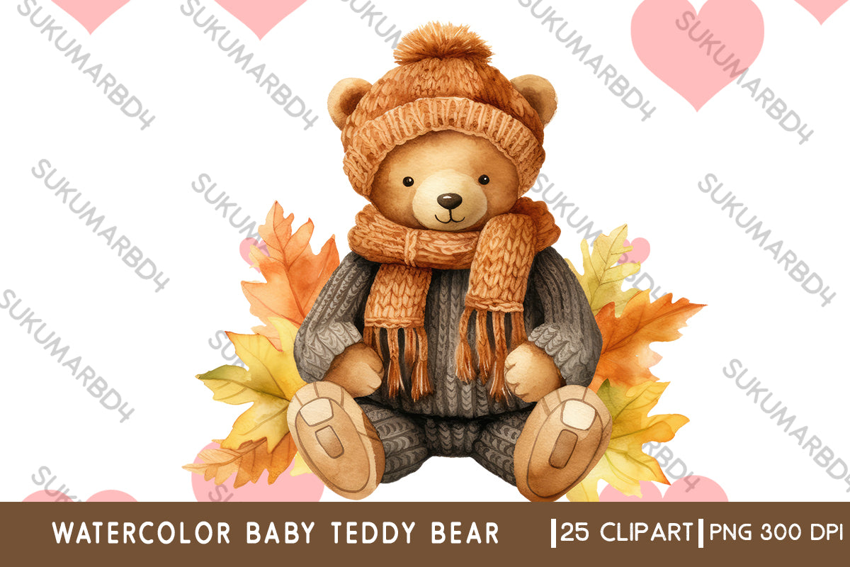 Watercolor baby teddy bear clipart