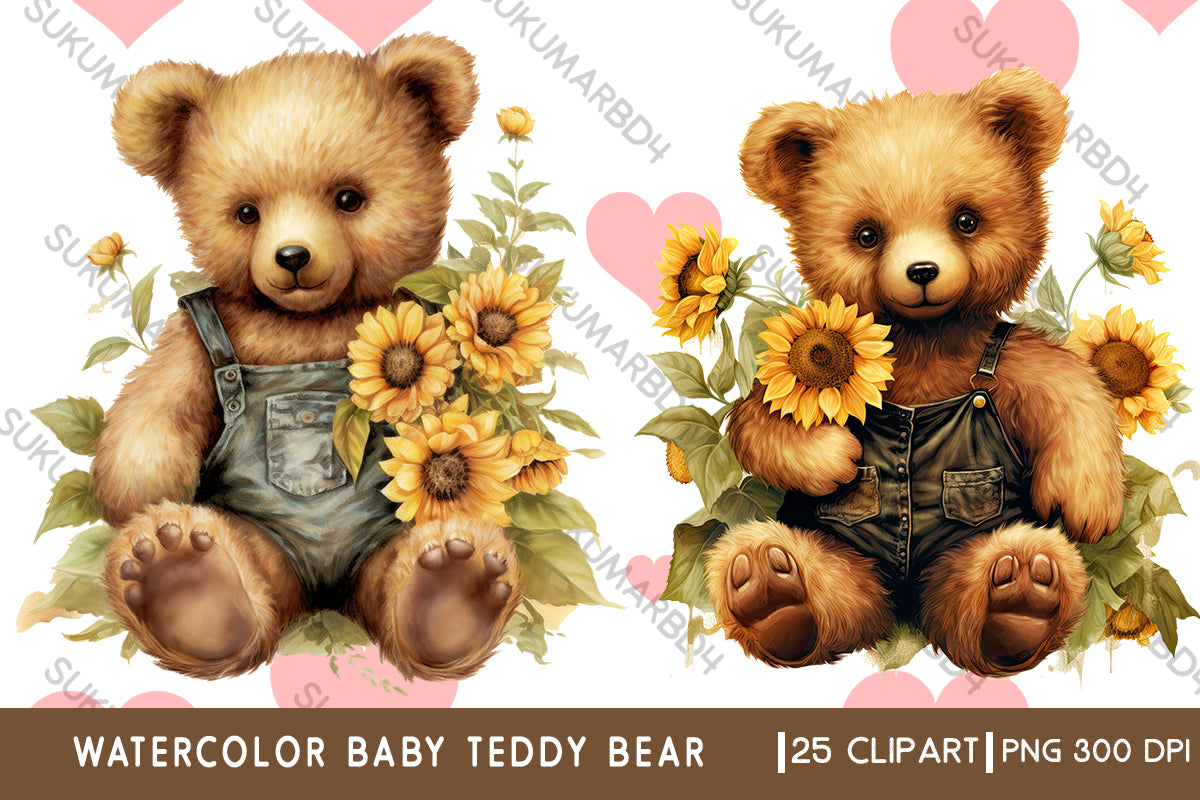 Watercolor baby teddy bear clipart