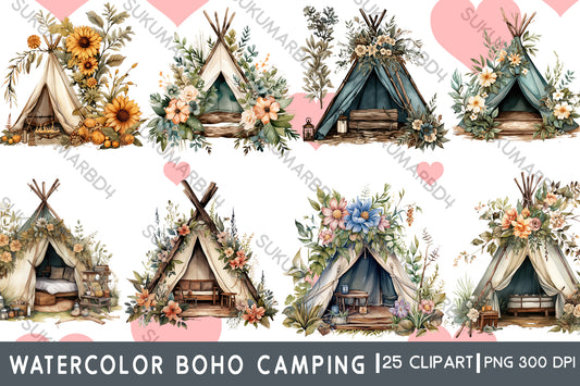 Watercolor boho camping clipart