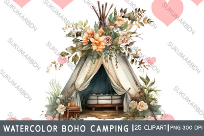 Watercolor boho camping clipart