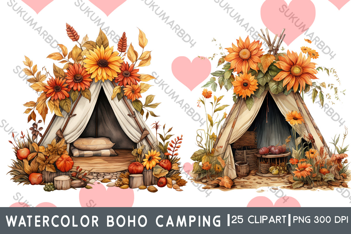 Watercolor boho camping clipart