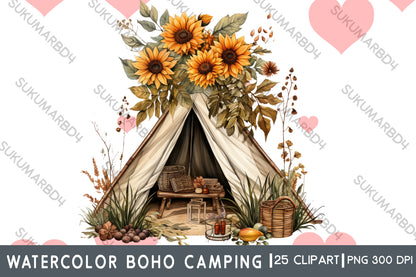 Watercolor boho camping clipart