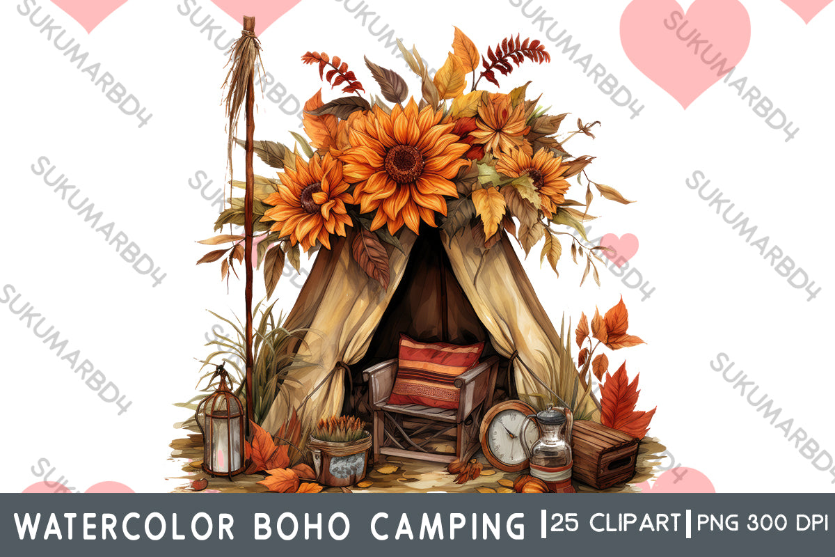 Watercolor boho camping clipart