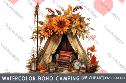 Watercolor boho camping clipart