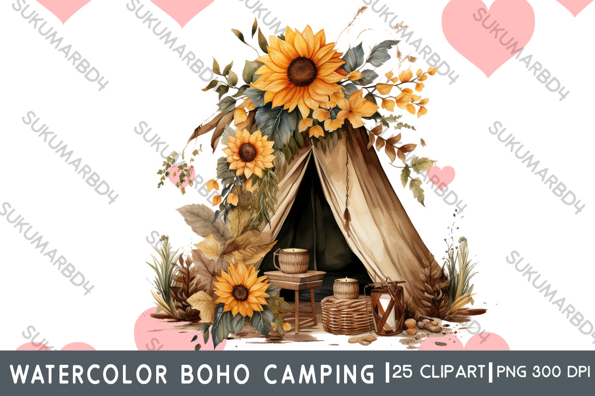 Watercolor boho camping clipart