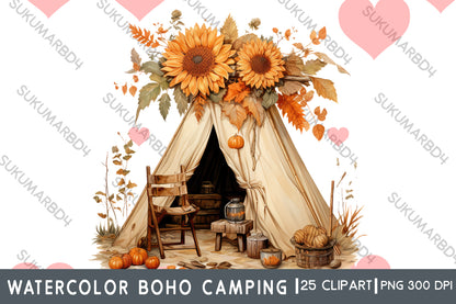 Watercolor boho camping clipart