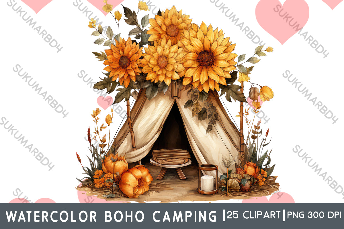 Watercolor boho camping clipart