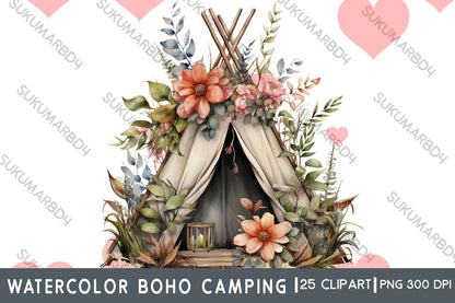 Watercolor boho camping clipart