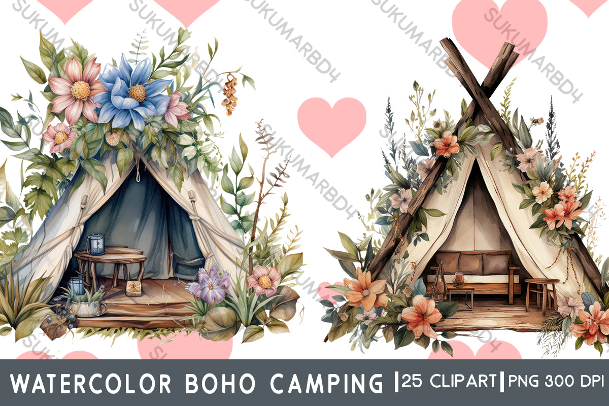 Watercolor boho camping clipart